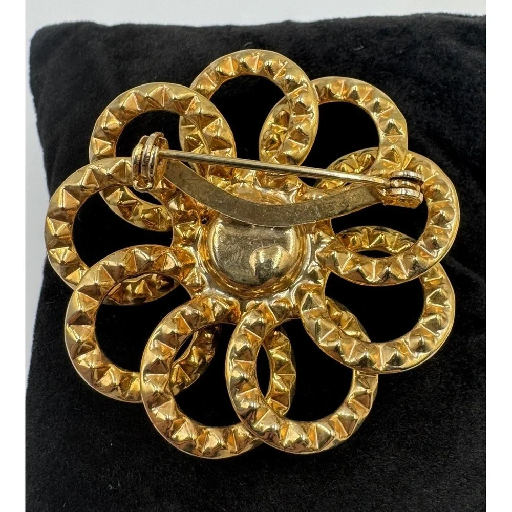 Vintage Gold Tone Purple Aura‎ Borealis Floral Rhinestone Circle Brooch Pin